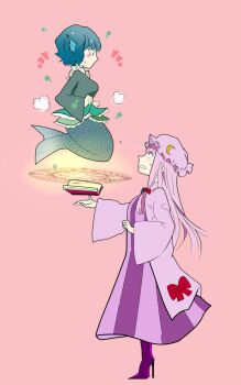 2girls blue_eyes blue_hair book boots bow breasts coat colored_eyelashes constricted_pupils crescent_moon fins floating floating_book floating_object from_side full_body hair_bow hat head_fins high_heel_boots high_heels highres image_sample japanese_clothes kaneda_tamago kimono long_hair long_sleeves looking_up magic_circle md5_mismatch medium_breasts mermaid mob_cap monster_girl moon multiple_girls open_book pajamas patchouli_knowledge pink_background profile purple_eyes purple_hair resized short_hair simple_background smoke standing striped summoning surprised sweatdrop touhou wakasagihime