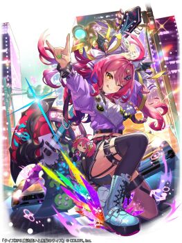 1girl ;q ahoge asymmetrical_legwear boots character_doll cropped_jacket doll dygy electric_guitar fox_shadow_puppet full_body green_nails guitar holding holding_behind_back holding_guitar holding_instrument instrument kneeling kt._(kaisou-notagui) lace-up_boots long_hair mahou_tsukai_to_kuroneko_no_wiz midriff miniskirt official_art on_one_knee one_eye_closed pink_hair skirt solo stage thighhighs tongue tongue_out yellow_eyes