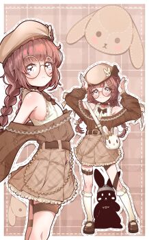 Rule 34 | 1girl, 1other, :3, bag, belt, beret, black belt, blush, border, bow, braid, brown eyes, brown hair, brown skirt, brown sweater, choker, fallenshadow, full body, glasses, hat, indie virtual youtuber, loafers, looking at viewer, multiple views, pettan (zeez4743), pleated skirt, rabbit, shirt, shoes, skirt, sleeveless, sleeveless shirt, socks, standing, sweater, twin braids, white bag, white border, white shirt, white socks