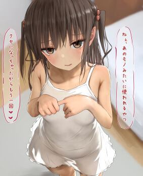 1girl bare_shoulders blush breasts brown_eyes brown_hair dress egami eyebrows female_focus hair_bobbles hair_ornament highres loli long_hair looking_at_viewer open_mouth original penetration_gesture sleeveless sleeveless_dress solo speech_bubble standing translated twintails white_dress
