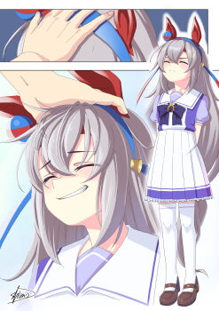 1girl 1other absurdres animal_ears boots brown_boots closed_eyes ear_ornament grey_hair grey_tail grin happy headband highres horse_ears horse_girl horse_tail ishida_illusto long_hair red_headband school_uniform shoes short_sleeves smile solo_focus tail tamamo_cross_(umamusume) tracen_school_uniform umamusume