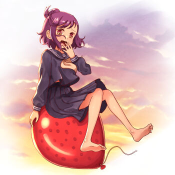 1girl :o acro_trip balloon barefoot black_serafuku black_skirt date_chizuko day embarrassed full_body hair_bun long_sleeves loud neckerchief orange_eyes outdoors purple_hair school_uniform serafuku sitting skirt wavy_mouth yon_senpai