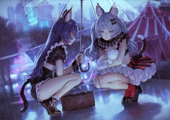 2girls animal animal_ears black_footwear black_shorts blue_eyes bow box cardboard_box cat cat_ears cat_girl cat_tail closed_mouth grey_eyes grey_hair hair_bow hair_ornament hairclip high_heels holding holding_animal holding_cat holding_umbrella kamitsubaki_studio kaoming legs_together light_smile maid multiple_girls outdoors parted_lips petting puffy_short_sleeves puffy_sleeves purple_hair rain rara_(valis) red_legwear red_skirt short_shorts short_sleeves shorts sinsekai_record skirt smile socks squatting tail tiptoes transparent transparent_umbrella twintails umbrella valis_(sinsekai) valis_(youtube) virtual_youtuber vitte_(valis) white_cat wrist_cuffs