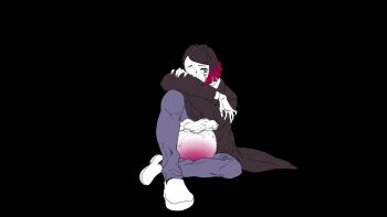 1boy aqua_eyes aquarium asymmetrical_bangs between_legs black_background black_hair black_jacket black_nails bonnouji_(kanikamapurin) buttons colored_skin colored_tips commentary_request demon_boy elbow_on_knee enmu_(kimetsu_no_yaiba) facial_mark flat_color full_body hand_on_own_arm highres invisible_floor jacket kimetsu_no_yaiba knee_up long_sleeves looking_at_viewer male_focus medium_hair multicolored_hair pants purple_pants shoes simple_background sitting solo suit_jacket symbol-shaped_pupils tailcoat tears_facial_mark trap undershirt villain_(vocaloid) white_shoes white_skin