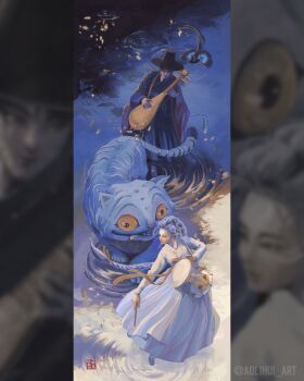 1boy 1girl aolihui_art bird black_hair black_hat black_robe blue_flower blue_fur blue_hair blurry_border braid breasts cat creature crow dancing derpy_(kpop_demon_hunters) dress drum drumsticks flower from_above full_body hair_flower hair_ornament hat highres holding holding_drumsticks holding_instrument instrument jinu_(kpop_demon_hunters) kpop_demon_hunters long_dress long_hair medium_breasts robe rumi_(kpop_demon_hunters) short_hair single_braid sussie_(kpop_demon_hunters) tiger twitter_username very_long_hair white_dress wide_brim yellow_eyes