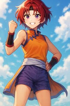 1girl bare_shoulders chinese_clothes emily_(suikoden) female_focus gensou_suikoden gensou_suikoden_iii highres open_mouth outdoors purple_eyes red_hair short_hair shorts sky solo tiara