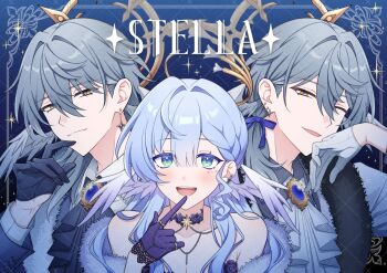 1girl 2boys aiga_ippai ascot bare_shoulders blue_hair braid brother_and_sister choker commentary dual_persona earrings english_text fur_trim gloves halo head_wings honkai:_star_rail honkai_(series) jewel_under_eye jewelry low_ponytail multiple_boys one_eye_closed ponytail ring robin_(honkai:_star_rail) shirt siblings side_braid single_earring sunday_(honkai:_star_rail) teeth upper_teeth_only wings