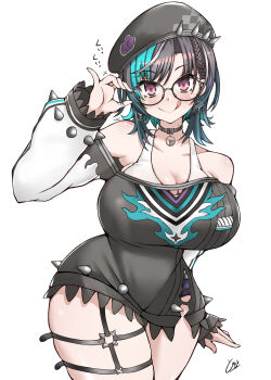 1girl black_choker black_hair black_hat black_shirt breasts choker cleavage cowboy_shot curvy detached_sleeves earrings glasses hand_up hat highres hololive hololive_dev_is huge_breasts jewelry mole mole_on_neck multicolored_hair red_eyes rindo_chihaya rindo_chihaya_(1st_costume) shirt simple_background solo spikes streaked_hair tank_top thick_thighs thigh_strap thighs tokiziku virtual_youtuber white_background white_tank_top wide_hips