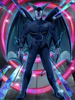 blue_skin colored_skin dark_background dark_room demon demon_tail demon_wings devil devilman_(dragonball) dokkan_battle dragon_ball electricity flatpancakesjim fortune_teller_baba full_body grin highres looking_at_viewer male_focus muscular muscular_male smile solo spike_the_devilman tail wings