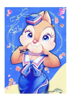 Rule 34 | 1girl, absurdres, blue eyes, chipmunk ears, chipmunk girl, clarice (disney), closed mouth, disney, dress, english text, eyelashes, hat, highres, looking at viewer, mickey mouse &amp; friends, rl10 02, sailor collar, sailor dress, sailor hat, smile, solo, tagme, upper body