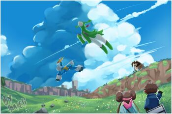 Rule 34 | 1boy, 1girl, artist name, baxtli, blue sky, border, brown hair, cloud, cobalion, commentary, day, double bun, english commentary, flower, gen 5 pokemon, grass, hair bun, highres, horns, legendary pokemon, long hair, meadow, midair, nate (pokemon), nintendo, orange eyes, outdoors, pokemon, pokemon (creature), pokemon bw2, rock, rosa (pokemon), short hair, sky, terrakion, twintails, virizion, white border, yellow eyes