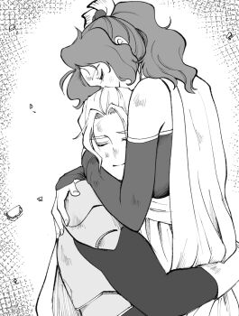 1boy 1girl armor arms_around_neck arms_around_waist bare_shoulders cape closed_eyes detached_sleeves dirty dirty_clothes dirty_face edgar_roni_figaro final_fantasy final_fantasy_vi greyscale hair_ribbon hug ika_okura_66 light_smile long_hair monochrome parted_bangs ponytail ribbon sash shoulder_armor tina_branford upper_body waist_sash wavy_hair