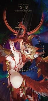 1girl abstract_background ahoge animal_ear_fluff animal_ears arms_up ass back blood blood_censor blood_from_neck blood_on_arm blood_on_ass blood_on_back blood_on_body blood_on_breasts blood_on_chest blood_on_leg blood_on_shoulder blunt_bangs body_fur braid braided_bun breasts character_name circle commentary completely_nude corruption corset cowboy_shot crazy_laugh curled_horns curvy demon_girl demon_horns diamond_hair_ornament dress eclipse english_commentary english_text evil_eyes eyebrows_hidden_by_hair eyeliner eyeshadow facial_mark fangs fangs_out fate/grand_order fate_(series) fingernails floating_hair fox_ears fox_girl fox_tail gem gold_claws gold_corset gold_eyeshadow gold_horns gold_nails gradient_eyeshadow hair_bun hair_intakes hebrew_text hexagram highres horns huge_claws huge_horns large_breasts light_rays long_horns looking_at_viewer looking_back makeup mature_female nail_polish neck_fur nero_claudius_(fate) no_ears nose nude open_mouth pearl_(gemstone) pesukx_x queen_draco_(beast_vi/s)_(fate) queen_draco_(fate) raised_eyebrows red_claws red_dress red_eyeliner red_eyes red_eyeshadow red_fur red_loincloth red_tail revealing_clothes sharp_fingernails sharp_teeth sideboob single_hair_bun solo standing star_of_david tail tassel teeth thick_thighs thighs torn_clothes torn_dress two-tone_eyeshadow two-tone_fur two-tone_tail very_long_fingernails white_fur white_tail