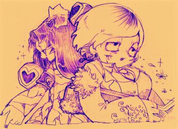 1girl 1other armband back-to-back bags_under_eyes blood blood_drip breasts buttons coat collared_coat collared_shirt collared_vest commentary_request cropped_torso e.g.o_(project_moon) earrings employee_(project_moon) exhausted faint_aroma_(e.g.o) fighting_stance fingernails floating_earrings floral_print flower gun hair_ornament hair_ribbon half-closed_eyes heart heart_hair_ornament highres holding holding_gun holding_weapon jewelry lapels large_breasts lobotomy_corporation long_hair long_sleeves looking_ahead marking_on_cheek necktie notched_lapels nugget_(project_moon) open_clothes open_coat open_mouth parted_bangs petals project_moon purple_theme ribbon see-through_ribbon shirt short_hair shotgun sleeves_past_wrists sparkle teardrop_facial_mark teeth temari_momiji traditional_media upper_teeth_only vest weapon