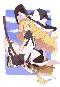 1girl ahoge apron back_bow black_hat black_shirt black_shoes black_skirt blonde_hair border bow broom broom_riding brown_eyes commentary frilled_apron frills from_behind full_body hair_between_eyes hat hat_bow hat_ribbon highres kirisame_marisa long_hair maguro_(mawaru_sushi) midair puffy_short_sleeves puffy_sleeves ribbon shirt shoes short_sleeves skirt sleeve_bow socks solo touhou very_long_hair white_apron white_border white_bow white_ribbon white_socks witch witch_hat
