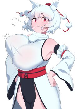 Rule 34 | 1girl, absurdres, animal ears, armpits, bare shoulders, bouncing breasts, breasts, commentary request, detached sleeves, hands on own hips, hat, highres, huge breasts, inubashiri momiji, japanese clothes, kimono, kourindou tengu costume, looking at viewer, no panties, obi, pelvic curtain, pom pom (clothes), puff of air, red eyes, red hat, red sash, ribbon trim, sash, short hair, skindentation, solo, tokin hat, touhou, urizaku3, white background, white hair, white kimono, wide sleeves, wolf ears, wolf girl