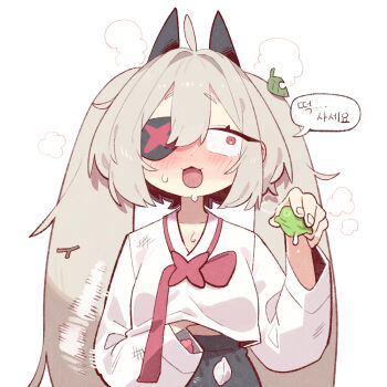 1girl :3 ahoge black_skirt blush cocomayo29_(tomato) commentary_request djmax djmax_respect dot_nose eyepatch fail_(djmax) food grey_hair hair_between_eyes hand_under_clothes holding holding_food horns korean_commentary korean_text long_hair long_sleeves looking_to_the_side one_eye_covered open_mouth puffy_sleeves red_eyes simple_background skirt solo speech_bubble star_(symbol) steaming_body sweat twintails upper_body wide_sleeves