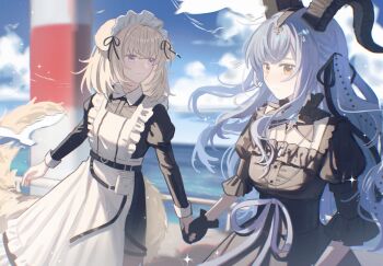 2girls animal_ears apron arknights bang_dream! bang_dream!_it&#039;s_mygo!!!!! bird black_dress black_gloves black_horns black_ribbon blonde_hair blue_hair blue_sky chinese_commentary closed_mouth cloud collared_dress commentary_request curled_horns day detached_collar dog_ears dog_girl dog_tail dress frilled_apron frills gloves hair_ribbon highres holding_hands horns kemonomimi_mode lighthouse long_hair long_sleeves looking_at_another maid maid_apron maid_headdress medium_hair misumi_uika misumi_uika_(caged_singer) misumi_uika_(perro) multiple_girls outdoors purple_eyes ribbon seagull sidelocks sky smile syoko_(xhs_9551355984) tail togawa_sakiko togawa_sakiko_(master_of_melodia) two_side_up white_apron yellow_eyes