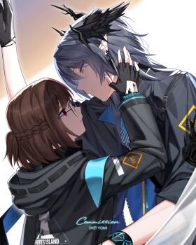 Rule 34 | 1boy, 1girl, absurdres, arknights, black coat, black gloves, borrowed character, braid, brown hair, coat, doctor (arknights), female doctor (arknights), fingerless gloves, glasses, gloves, grey hair, head wings, highres, horns, logos (arknights), long hair, long sleeves, looking at another, oc x canon, pointy ears, red eyes, short hair, svet yomi, wings