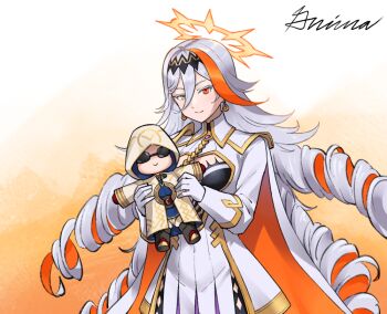 1girl baldr_(fire_emblem_heroes) breasts character_doll commission doll earrings fire_emblem fire_emblem_heroes gloves grimaisbestwaifu halo heterochromia jewelry kiran_(fire_emblem) ko-fi_commission large_breasts long_hair looking_at_viewer multicolored_hair nintendo orange_hair orange_streaks red_eyes ringlets single_hair_streak streaked_hair two-tone_cape two-tone_hair white_gloves white_hair yellow_eyes