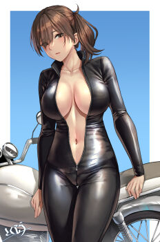 1girl absurdres alternate_costume biker_clothes bikesuit black_bodysuit blue_background bodysuit border breasts brown_eyes brown_hair commentary_request hair_between_eyes hair_over_one_eye highres kaga_(kancolle) kantai_collection kokuzou large_breasts long_hair looking_at_viewer motor_vehicle motorcycle navel partially_unzipped side_ponytail signature solo white_border