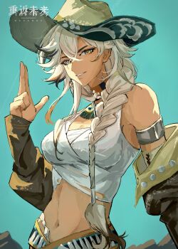 Rule 34 | 1girl, absurdres, aqua background, argus (reverse:1999), armlet, bare shoulders, blonde hair, breasts, brown hat, brown sleeves, chinese commentary, cleavage, commentary request, copyright name, cowboy hat, detached sleeves, finger gun, grey eyes, grin, hand up, hat, heterochromia, highres, jewelry, jingshen kongji, large breasts, logo, long braid, looking at viewer, midriff, navel, reverse:1999, scar, scar across eye, scar on face, smile, solo, tank top, upper body, white tank top, yellow eyes