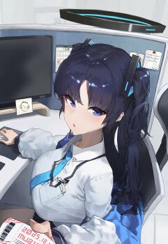 1girl absurdres black_hair black_halo blue_archive blue_eyes breasts calendar_(object) chair computer computer_mouse doodle_sensei_(blue_archive) halo highres holding holding_ticket hone_(hone_art) indoors jacket lanyard large_breasts long_hair long_sleeves mechanical_halo monitor necktie office_chair on_chair open_mouth sensei_(blue_archive) shirt sitting sticky_note swivel_chair ticket two_side_up white_shirt yuuka_(blue_archive)
