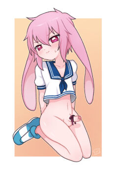 1boy animal_ears ansel_(arknights) ansel_(casual_vacation)_(arknights) arknights blush bottomless censored erection foreskin kneeling long_ears looking_at_viewer male_focus mugen_tako navel phimosis pink_hair rabbit_ears red_eyes ribbon ribbon_on_penis shoes shota simple_background solo sweat testicles thighs trap