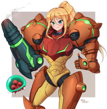 Rule 34 | 1girl, arm cannon, armor, artist name, blonde hair, blue eyes, blush, commentary request, highres, long hair, metroid, metroid (creature), metroid larva, multicolored armor, nintendo, ponytail, power armor, power suit (metroid), samus aran, signature, smile, thumbs up, varia suit, wakaba (wata ridley), weapon