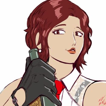 1girl alcohol champagne female_focus formal_clothes pale_skin red_eyes red_hair see-through_clothes shirt short_hair taurence_bell the_king_of_fighters vanessa_(kof) white_shirt