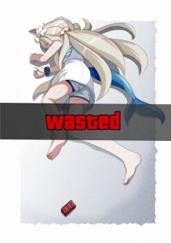 1girl absurdres ahoge animal_ear_fluff animal_ears barefoot bikini bikini_under_clothes blonde_hair blue_bikini blue_hair cat_ears commentary dress english_commentary fins fish_girl fish_tail frilled_bikini frills highres indie_virtual_youtuber lego lego_brick lifebuoy_hair_ornament long_hair low_twintails lying meme multicolored_hair on_side rei_(2812q) sailor_dress sameko_saba scrunchie short_shorts shorts sleeveless sleeveless_dress soles solo streaked_hair swimsuit tail toes twintails very_long_hair wasted_(meme) white_dress white_shorts yamcha_pose_(meme)