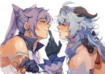 Rule 34 | 2girls, bare shoulders, black gloves, blue hair, blush, closed mouth, commentary, cone hair bun, detached sleeves, english commentary, eye contact, ganyu (genshin impact), genshin impact, gloves, hair bun, hand up, highres, horns, keqing (genshin impact), long hair, looking at another, multiple girls, purple eyes, purple hair, simple background, smile, tapeanna, twintails, upper body, white background, yuri