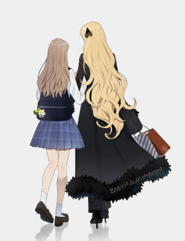 2girls back bag black_jacket black_pants black_shoes black_vest blonde_hair blue_skirt brown_shoes budew character_request commentary_request cynthia_(pokemon) full_body gen_2_pokemon gen_4_pokemon grab_bag grey_background hair_ornament high_heels highres holding jacket long_hair multiple_girls nintendo pants pokemon pokemon_dppt sakaralalala school_bag school_uniform shirt shoes simple_background skirt socks standing togepi vest walking watermark white_shirt white_socks