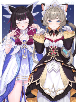 2girls animal_ears black_dress black_hair blue_eyes breasts cat_ears cat_tail cleavage closed_eyes closed_mouth columbina_(genshin_impact) detached_sleeves dress facing_viewer fake_animal_ears genshin_impact gloves half_gloves hands_up highres long_hair long_sleeves looking_at_viewer multiple_girls open_mouth pantyhose paw_pose purple_hair sandrone_(genshin_impact) short_hair_with_long_locks smile standing tail tsukimi_yaya white_dress white_gloves white_pantyhose