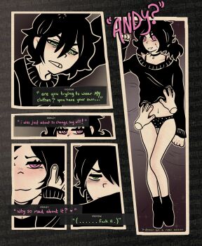 andrew_graves ashley_graves black_hair black_shirt black_socks blush bottomless brother_and_sister choker green_eyes pink_eyes shirt short_hair siblings socks the_coffin_of_andy_and_leyley thegirlgraves underwear