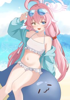 1girl :d absurdres ahoge arm_up beach bikini blue-tinted_eyewear blue_archive blue_eyes blue_jacket blush commentary day eyewear_on_head feet_out_of_frame frilled_bikini frills halo heterochromia highres hoshino_(blue_archive) hoshino_(swimsuit)_(blue_archive) huge_ahoge jacket long_hair looking_at_viewer navel official_alternate_costume open_mouth outdoors pink_hair pink_halo sitting smile solo swimsuit tinted_eyewear white-framed_eyewear white_bikini yellow_eyes zerosama_(sailuojiang)