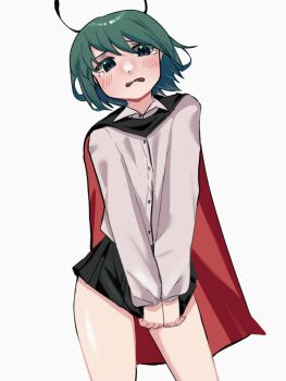 1girl antennae black_cape black_skirt blush cape commentary cowboy_shot green_hair hamadain_000 long_sleeves looking_at_viewer miniskirt shirt short_hair simple_background skirt skirt_tug solo tears thighs touhou two-sided_cape two-sided_fabric white_background white_shirt wriggle_nightbug