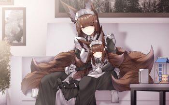 2girls absurdres alternate_costume amagi-chan_(azur_lane) amagi_(azur_lane) animal_ears apron azur_lane brown_hair commentary dated_commentary food fox_ears fox_girl fox_tail hair_ornament highres indoors kitsune long_hair maid maid_headdress multiple_girls multiple_tails samip sitting tail