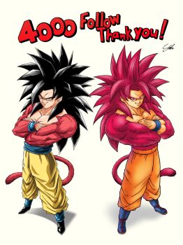 Rule 34 | black hair, blue sash, blue wrist cuffs, body fur, boots, commentary request, dougi, dragon ball, dragon ball daima, dragon ball gt, dual persona, gakumanabu, highres, long hair, looking at viewer, male focus, monkey boy, monkey tail, multiple boys, muscular, muscular male, no nipples, orange pants, pants, pectorals, red fur, red hair, saiyan, sash, signature, simple background, solo, son goku, spiked hair, super saiyan, super saiyan 4, tail, wrist cuffs, yellow pants