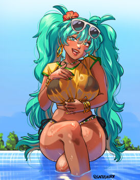 1girl absurdres aqua_eyes aqua_hair bikini bikini_under_clothes black_bikini blue_sky bracelet brazilian_miku breasts commentary crossed_legs dark-skinned_female dark_skin day earrings english_commentary eyewear_on_head flower gamusaur gold_bracelet green_nails gyaru hair_flower hair_ornament halterneck hatsune_miku hibiscus highres hoop_earrings jewelry large_breasts long_hair looking_at_viewer nail_polish necklace open_mouth outdoors pool poolside see-through_clothes see-through_shirt shirt short_sleeves side-tie_bikini_bottom sitting sky smile soaking_feet solo sunglasses swimsuit tan tanline tied_shirt tongue twintails very_long_hair vocaloid water wet wet_clothes wet_shirt yellow_nails yellow_shirt