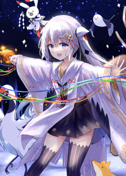 1girl absurdres animal bell bird black_skirt black_thighhighs blue_eyes blue_ribbon blush chihaya_(clothing) collarbone commentary crane_(animal) fortissimo fox green_ribbon hair_ornament hamu_(hvmzld123) hatsune_miku highres holding holding_bell japanese_clothes jingle_bell kagura_suzu long_hair miko musical_note musical_note_hair_ornament musical_note_print musical_staff musical_staff_print official_alternate_costume official_alternate_hairstyle open_mouth outdoors outstretched_arms pleated_skirt rabbit rabbit_yukine ribbon skirt smile snowflake_print striped_clothes striped_thighhighs thighhighs twintails vertical-striped_clothes vertical-striped_thighhighs very_long_hair vocaloid white_hair yellow_ribbon yuki_miku yuki_miku_(2018)