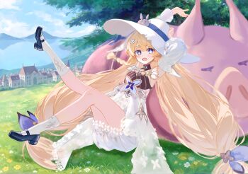 1girl absurdres blonde_hair blue_eyes blue_shoes blue_sky blush braid building cloud commentary_request cross-shaped_pupils d: detached_sleeves dress duet_night_abyss faster_crisis filbert_(duet_night_abyss) full_body grass hair_ornament hat highres legs_up long_hair long_sleeves open_mouth pig shoes sky sleeveless sleeveless_dress socks solo symbol-shaped_pupils tongue truffle_(duet_night_abyss) twintails very_long_hair white_hat white_sleeves white_socks