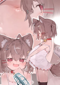 1girl ahoge anchor_hair_ornament animal_ear_fluff animal_ears bell black_thighhighs brown_hair cat_ears cat_girl cat_tail collar commentary dress electric_fan fang fanning_crotch fanning_self flat_chest hair_ornament hairclip highres indie_virtual_youtuber jingle_bell loli mocha-tan_(character) mole mole_on_shoulder mole_under_each_eye mole_under_eye multicolored_hair multiple_moles multiple_views navel neck_bell open_mouth parallel_hairclips red_collar red_eyes short_hair skin_fang sleeveless sleeveless_dress smile streaked_hair sundress tail thighhighs two-tone_hair two_side_up untranslatable_commentary white_dress white_hair xaea_xp