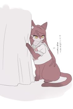 animal animal_focus animalization arrow_(symbol) cat closed_mouth clothed_animal full_body grey_sailor_collar highres long_hair love_live! love_live!_sunshine!! neckerchief no_humans o_to_mo red_cat red_hair red_neckerchief sailor_collar sakurauchi_riko shirt simple_background single_tear sitting solo translation_request white_background white_shirt yellow_eyes