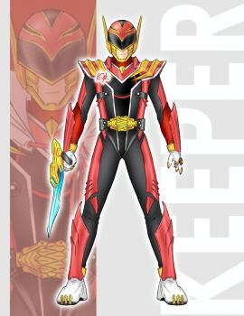 1boy bodysuit full_body fusion gozyuwolf helmet nastain no.1_sentai_gozyuger red_bodysuit red_helmet red_keeper sentai_daishikkaku smile solo_focus super_sentai tega_sword tokusatsu zoom_layer