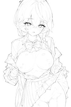 1girl blue_archive blush bow bowtie breasts clothes_lift collared_shirt cowboy_shot eri_(blue_archive) greyscale hair_between_eyes highres jacket jacket_partially_removed koko_(user_hktv5235) large_breasts lifting_own_clothes long_hair looking_at_viewer monochrome nipples pleated_skirt pussy shirt shirt_tucked_in simple_background skirt skirt_lift solo white_background