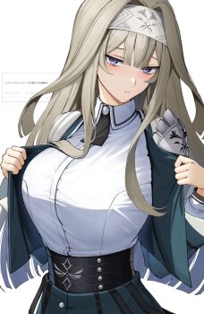 1girl agibe armor breasts duel_monster exosister_irene grey_hair hairband highres jacket large_breasts long_hair long_sleeves necktie open_clothes open_jacket purple_eyes short_necktie shoulder_armor solo yu-gi-oh!