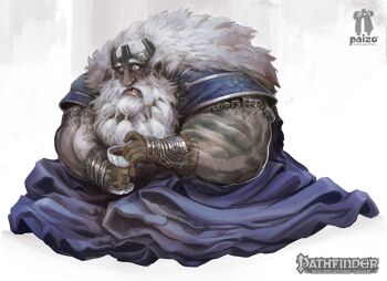 1boy alexandre_chaudret chalice colored_skin crown cup dwarf fat fat_man grey_skin hair_rings highres long_hair male_focus missing_tooth obese pathfinder sitting solo white_hair