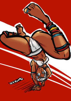 1girl anklet armlet barefoot big-d bikini blue_eyes blue_nails bracelet breasts capoeira dark-skinned_female dark_skin elena_(street_fighter) female_focus handstand jewelry lots_of_jewelry nail_polish neck_ring one_arm_handstand short_hair solo street_fighter swimsuit toenail_polish toenails underboob upside-down white_hair