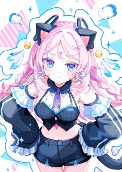1girl :t alternate_costume bare_shoulders black_shorts black_sleeves blue_eyes blush braid breasts cat_tail citlali_(genshin_impact) cleavage closed_mouth commentary_request detached_sleeves facial_mark floating_headgear forehead_mark genshin_impact hands_on_own_hips headgear highres kemonomimi_mode long_hair long_sleeves looking_at_viewer medium_breasts pink_hair pink_pupils short_shorts shorts solo stomach tail triangle triangle_facial_mark twin_braids very_long_hair yutukicom